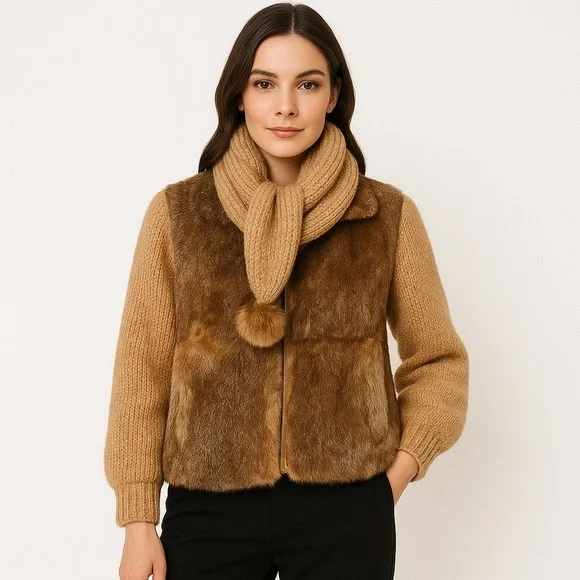 1980s Vintage Niki Rabbit Fur Knit Jacket Scarf Pom Pom Small - Picture 3 of 12